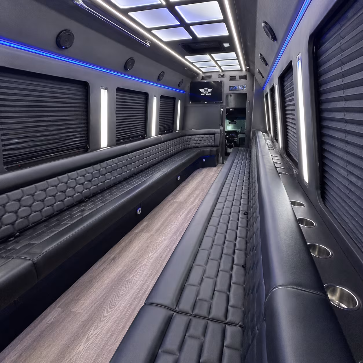Group beside a Mercedes Sprinter limo in Ventura