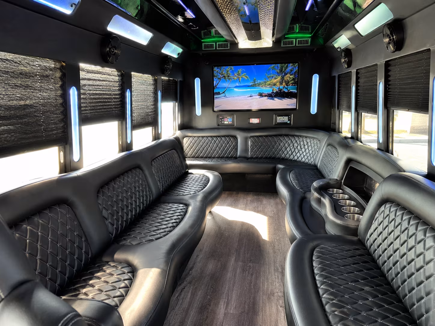 Interior of a party bus rental serving Ventura