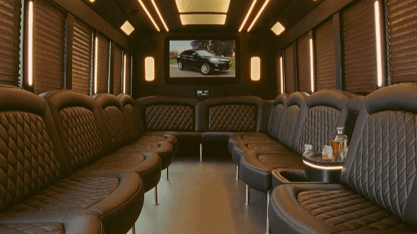 Interior of Ventura Party Bus Company's 30 Passenger Party Bus in Glendale